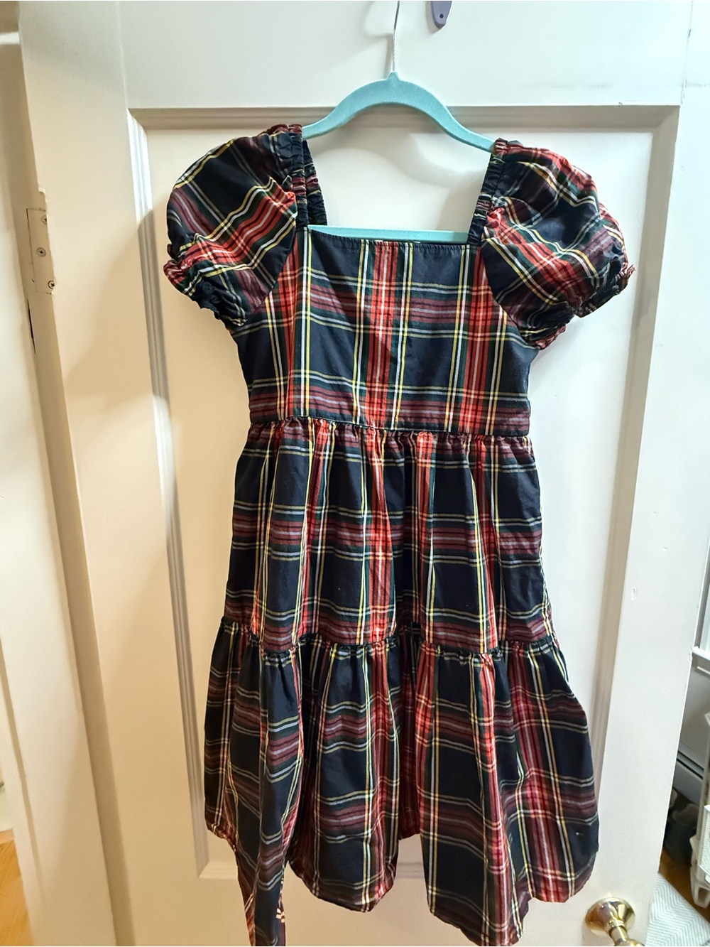 J. Crew Navy Plaid Puff-Sleeve Tiered Dress with Red and Yellow Accents